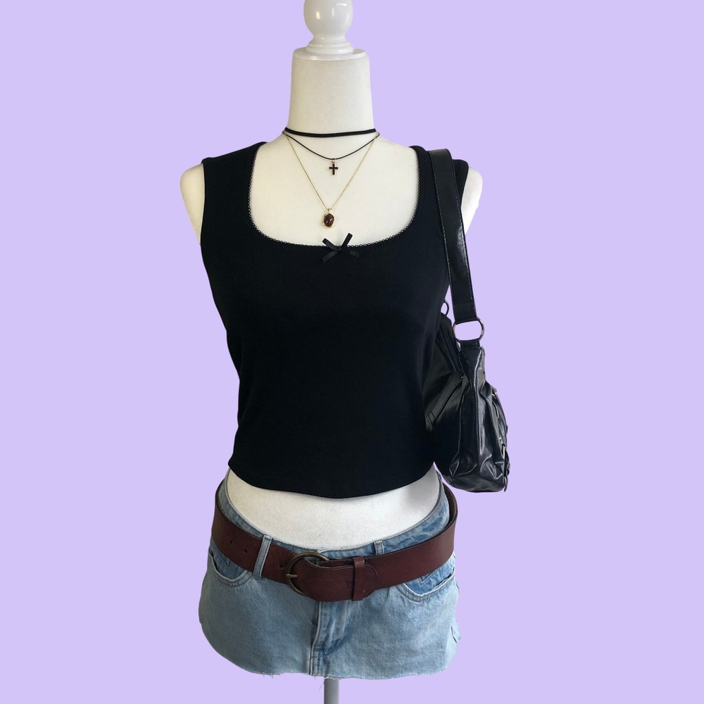 Zara Black Scoop Neck Bow Tank Top Womens M Y2K Style Coquette Picot Trim